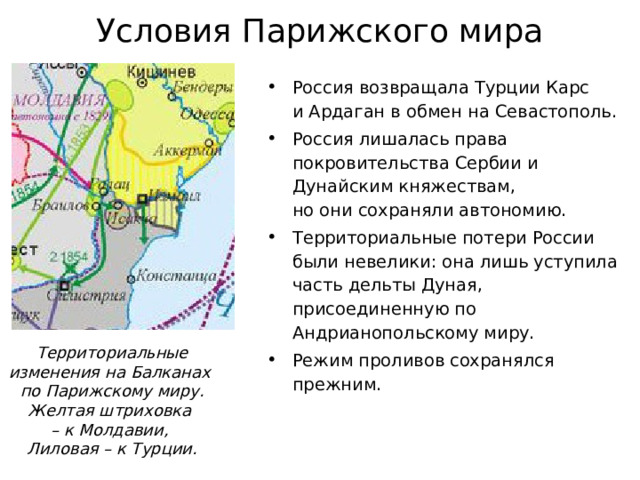 Условия Парижского мира Россия возвращала Турции Карс  и Ардаган в обмен на Севастополь. Россия лишалась права покровительства Сербии и Дунайским княжествам,  но они сохраняли автономию. Территориальные потери России были невелики: она лишь уступила часть дельты Дуная, присоединенную по Андрианопольскому миру. Режим проливов сохранялся прежним. Территориальные изменения на Балканах  по Парижскому миру. Желтая штриховка  – к Молдавии, Лиловая – к Турции. 