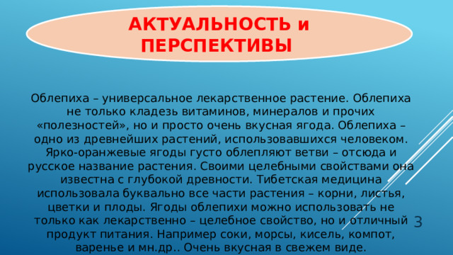 АКТУАЛЬНОСТЬ и ПЕРСПЕКТИВЫ Облепиха – универсальное лекарственное растение. Облепиха не только кладезь витаминов, минералов и прочих «полезностей», но и просто очень вкусная ягода. Облепиха – одно из древнейших растений, использовавшихся человеком. Ярко-оранжевые ягоды густо облепляют ветви – отсюда и русское название растения. Своими целебными свойствами она известна с глубокой древности. Тибетская медицина использовала буквально все части растения – корни, листья, цветки и плоды. Ягоды облепихи можно использовать не только как лекарственно – целебное свойство, но и отличный продукт питания. Например соки, морсы, кисель, компот, варенье и мн.др.. Очень вкусная в свежем виде.  