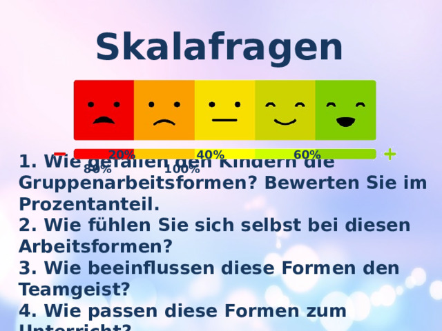 Skalafragen  20% 40% 60% 80% 100% 1. Wie gefallen den Kindern die Gruppenarbeitsformen? Bewerten Sie im Prozentanteil. 2. Wie fühlen Sie sich selbst bei diesen Arbeitsformen? 3. Wie beeinflussen diese Formen den Teamgeist? 4. Wie passen diese Formen zum Unterricht? 