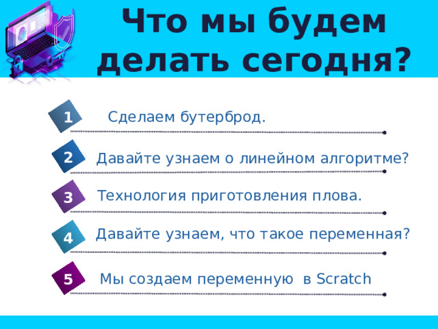 Что мы будем делать сегодня? Сделаем бутерброд. 1 2 Давайте узнаем о линейном алгоритме? Технология приготовления плова. 3 Давайте узнаем, что такое переменная? 4 Мы создаем переменную в Scratch 5 