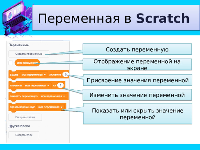 Переменная в Scratch Создать переменную Отображение переменной на экране Присвоение значения переменной Изменить значение переменной Показать или скрыть значение переменной 
