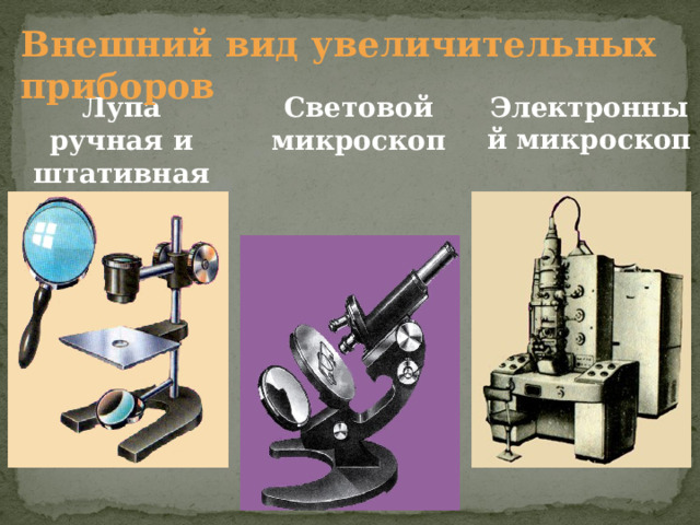 Внешний вид увеличительных приборов Электронный микроскоп Лупа  ручная и штативная Световой микроскоп 