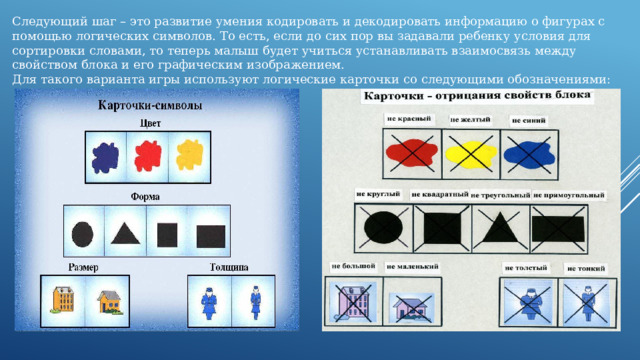 Следующий шаг – это развитие умения кодировать и декодировать информацию о фигурах с помощью логических символов. То есть, если до сих пор вы задавали ребенку условия для сортировки словами, то теперь малыш будет учиться устанавливать взаимосвязь между свойством блока и его графическим изображением. Для такого варианта игры используют логические карточки со следующими обозначениями: 