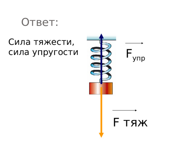 Ответ: Сила тяжести, сила упругости F упр F тяж 