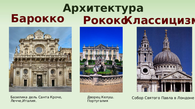 Архитектура Барокко Классицизм Рококо Базилика дель Санта Кроче, Лечче,Италия. Собор Святого Павла в Лондоне Дворец Келуш. Португалия 