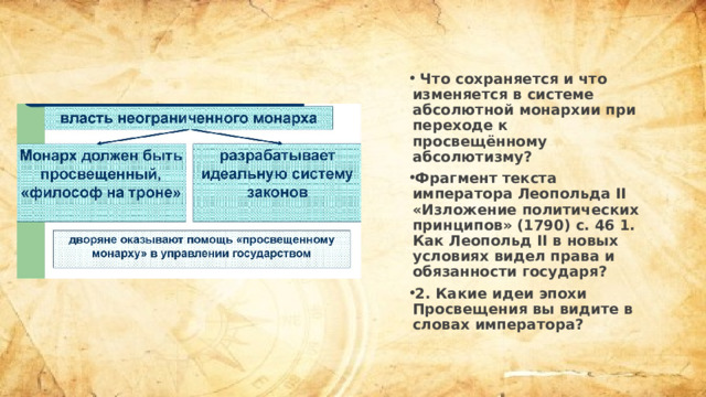  Что сохраняется и что изменяется в системе абсолютной монархии при переходе к просвещённому абсолютизму? Фрагмент текста императора Леопольда II «Изложение политических принципов» (1790) с. 46 1. Как Леопольд II в новых условиях видел права и обязанности государя? 2. Какие идеи эпохи Просвещения вы видите в словах императора? 