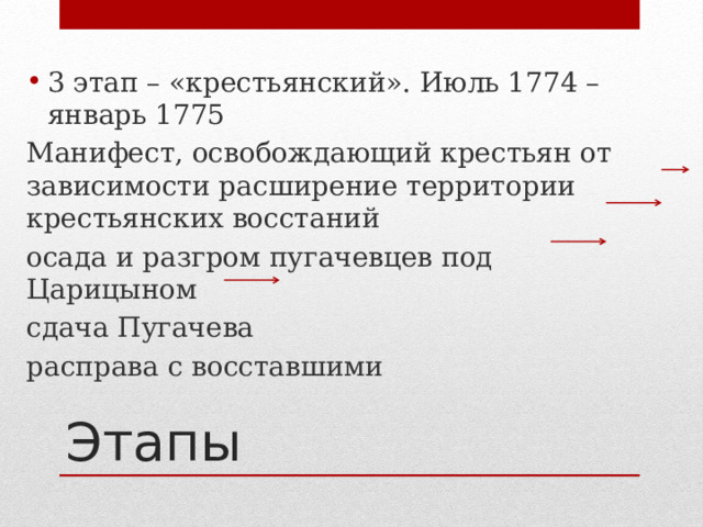 3 этап – «крестьянский». Июль 1774 – январь 1775 Манифест, освобождающий крестьян от зависимости расширение территории крестьянских восстаний осада и разгром пугачевцев под Царицыном сдача Пугачева расправа с восставшими Этапы 