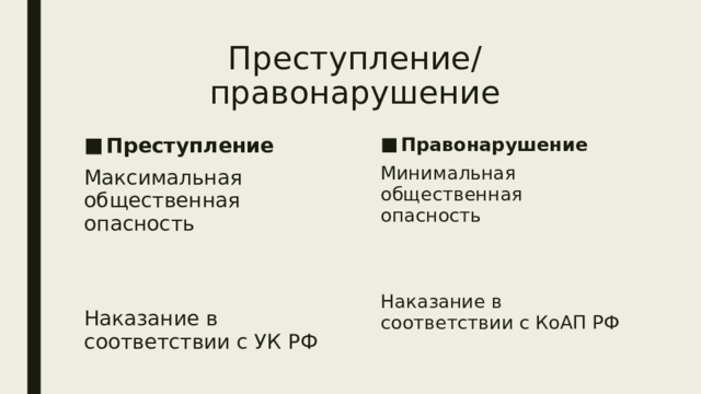Преступление/правонарушение Преступление Правонарушение Максимальная общественная опасность Минимальная общественная опасность Наказание в соответствии с УК РФ Наказание в соответствии с КоАП РФ 