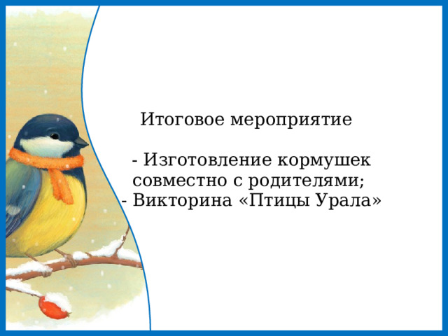 Итоговое мероприятие   - Изготовление кормушек совместно с родителями;  - Викторина «Птицы Урала» 
