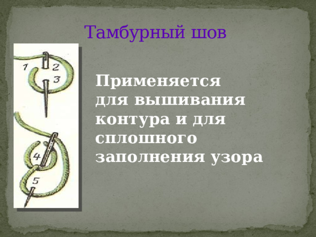 Тамбурный шов Применяется для вышивания контура и для сплошного заполнения узора 