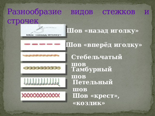Разнообразие видов стежков и строчек Шов «назад иголку» Шов «вперёд иголку» Стебельчатый шов Тамбурный шов Петельный шов Шов «крест», «козлик» 