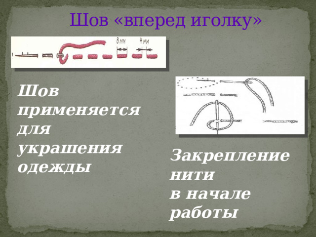 Шов «вперед иголку» Шов применяется для украшения одежды Закрепление нити в начале работы 