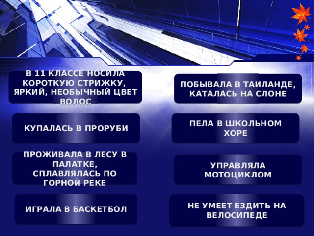 В 11 КЛАССЕ НОСИЛА КОРОТКУЮ СТРИЖКУ, ЯРКИЙ, НЕОБЫЧНЫЙ ЦВЕТ ВОЛОС ПОБЫВАЛА В ТАИЛАНДЕ, КАТАЛАСЬ НА СЛОНЕ КУПАЛАСЬ В ПРОРУБИ ПЕЛА В ШКОЛЬНОМ ХОРЕ ПРОЖИВАЛА В ЛЕСУ В ПАЛАТКЕ, СПЛАВЛЯЛАСЬ ПО ГОРНОЙ РЕКЕ УПРАВЛЯЛА МОТОЦИКЛОМ ИГРАЛА В БАСКЕТБОЛ НЕ УМЕЕТ ЕЗДИТЬ НА ВЕЛОСИПЕДЕ 