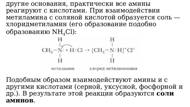 Взаимодействие аминов с кислотами.  Как и другие основания, практически все амины реагируют с кислотами. При взаимодействии метиламина с соляной кислотой образуется соль — хлоридметиламин (его образование подобно образованию NH 4 Cl):        Подобным образом взаимодействуют амины и с другими кислотами (серной, уксусной, фосфорной и др.). В результате этой реакции образуются  соли аминов .       