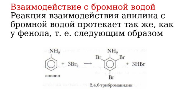 Взаимодействие с бромной водой  Реакция взаимодействия анилина с бромной водой протекает так же, как у фенола, т. е. следующим образом 