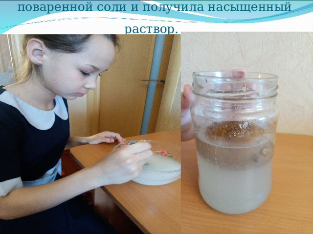  Затем я растворила в воде много поваренной соли и получила насыщенный раствор.  