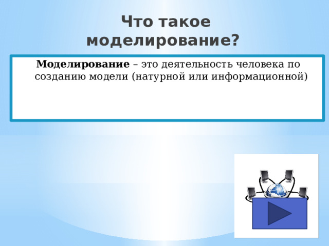  Что такое моделирование? Моделирование – это деятельность человека по созданию модели (натурной или информационной) 