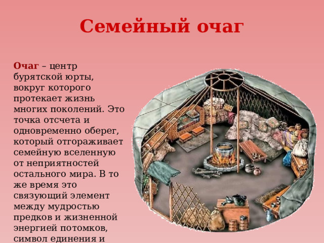 Семейный очаг Очаг – центр бурятской юрты, вокруг которого протекает жизнь многих поколений. Это точка отсчета и одновременно оберег, который отгораживает семейную вселенную от неприятностей остального мира. В то же время это связующий элемент между мудростью предков и жизненной энергией потомков, символ единения и преемственности поколений. 