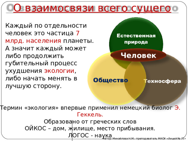 О взаимосвязи всего сущего Каждый по отдельности человек это частица 7 млрд. населения планеты. А значит каждый может либо продолжить губительный процесс ухудшения экологии , либо начать менять в лучшую сторону. Человек Термин «экология» впервые применил немецкий биолог Э. Геккель. Образовано от греческих слов ОЙКОС – дом, жилище, место прибывания. ЛОГОС - наука Автор: Михайлова Н.М.- преподаватель МАОУ «Лицей № 21» 