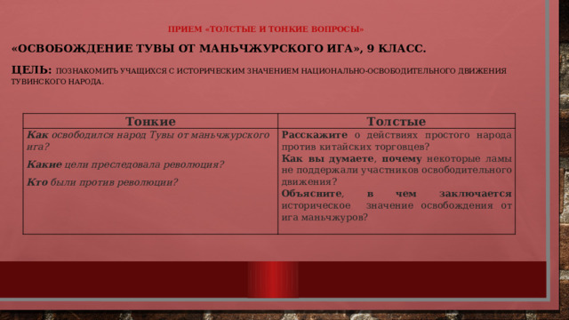 Прием «толстые и тонкие вопросы»   «Освобождение Тувы от маньчжурского ига», 9 класс. Цель: Познакомить учащихся с историческим значением национально-освободительного движения тувинского народа. Тонкие Толстые Как освободился народ Тувы от маньчжурского ига? Какие цели преследовала революция? Расскажите о действиях простого народа против китайских торговцев? Как вы думаете , почему некоторые ламы не поддержали участников освободительного движения? Кто были против революции?     Объясните , в чем заключается историческое значение освобождения от ига маньчжуров?   