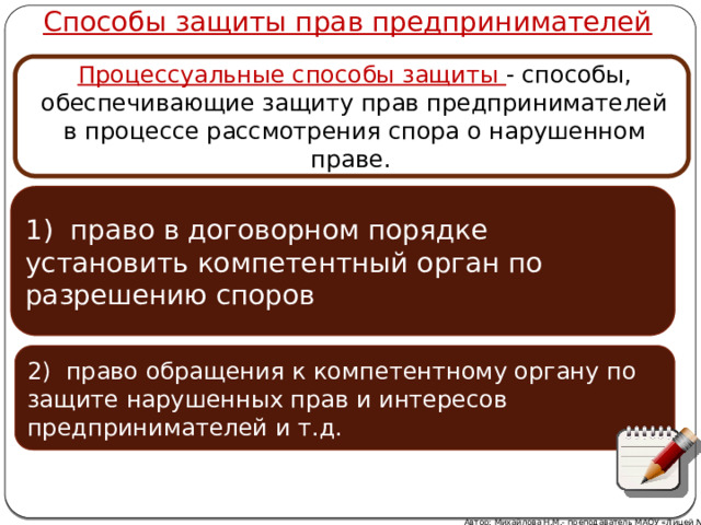 Способы защиты прав предпринимателей Процессуальные способы защиты - способы, обеспечивающие защиту прав предпринимателей в процессе рассмотрения спора о нарушенном праве. 1)  право в договорном порядке установить компетентный орган по разрешению споров 2)  право обращения к компетентному органу по защите нарушенных прав и интересов предпринимателей и т.д. Автор: Михайлова Н.М.- преподаватель МАОУ «Лицей № 21» 