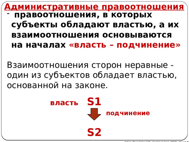 Административные правоотношения  правоотношения, в которых субъекты обладают властью, а их взаимоотношения основываются на началах «власть – подчинение»  Взаимоотношения сторон неравные - один из субъектов обладает властью, основанной на законе. S1 власть подчинение S2 Автор: Михайлова Н.М.- преподаватель МАОУ «Лицей № 21» 
