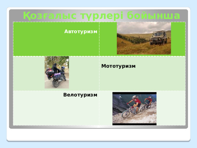 Қозғалыс түрлері бойынша  Автотуризм  Велотуризм Мототуризм 