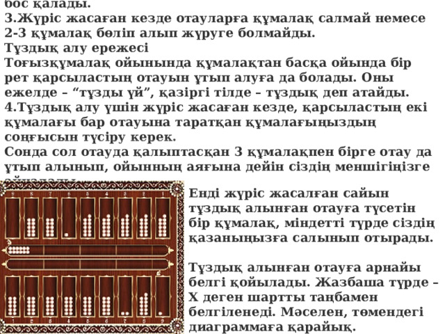 2.Отаудағы жалғыз құмалақ көрші отауға жүргенде орны бос қалады. 3.Жүріс жасаған кезде отауларға құмалақ салмай немесе 2-3 құмалақ бөліп алып жүруге болмайды. Тұздық алу ережесі Тоғызқұмалақ ойынында құмалақтан басқа ойында бір рет қарсыластың отауын ұтып алуға да болады. Оны ежелде – “тұзды үй”, қазіргі тілде – тұздық деп атайды. 4.Тұздық алу үшін жүріс жасаған кезде, қарсыластың екі құмалағы бар отауына таратқан құмалағыңыздың соңғысын түсіру керек. Сонда сол отауда қалыптасқан 3 құмалақпен бірге отау да ұтып алынып, ойынның аяғына дейін сіздің меншігіңізге айналады.       Енді жүріс жасалған сайын тұздық алынған отауға түсетін бір құмалақ, міндетті түрде сіздің қазаныңызға салынып отырады.     Тұздық алынған отауға арнайы белгі қойылады. Жазбаша түрде – Х деген шартты таңбамен белгіленеді. Мәселен, төмендегі диаграммаға қарайық.   