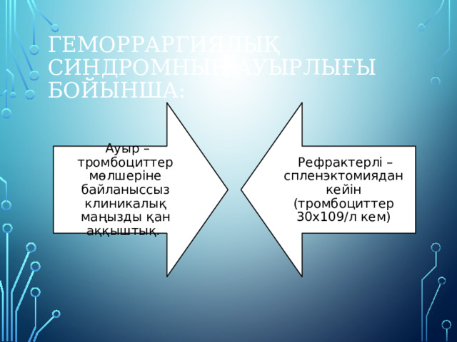  Ауыр – тромбоциттер мөлшеріне байланыссыз клиникалық маңызды қан аққыштық.  Рефрактерлі – спленэктомиядан кейін (тромбоциттер 30х109/л кем) Геморраргиялық синдромның ауырлығы бойынша:          