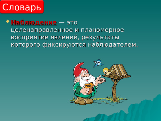 Словарь Наблюдение — это целенаправленное и планомерное восприятие явлений, результаты которого фиксируются наблюдателем. 