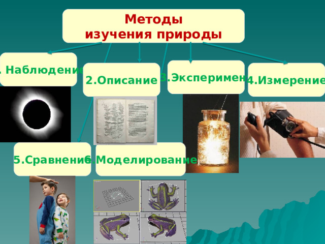 Методы изучения природы 1. Наблюдение 3.Эксперимент 4.Измерение 2.Описание 5.Сравнение 6.Моделирование 