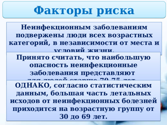 Факторы риска Неинфекционным заболеваниям подвержены люди всех возрастных категорий, в независимости от места и условий жизни. Кто подвержен неинфекционным заболеваниям? Принято считать, что наибольшую опасность неинфекционные заболевания представляют для людей старше 70-75 лет. ОДНАКО, согласно статистическим данным, большая часть летальных исходов от неинфекционных болезней приходится на возрастную группу от 30 до 69 лет. 