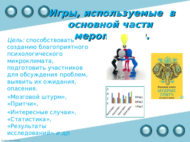 Игры, используемые в основной части мероприятия. Цель:  способствовать созданию благоприятного психологического микроклимата, подготовить участников для обсуждения проблем, выявить их ожидания, опасения. «Мозговой штурм»,  «Притчи»,  «Интересные случаи», «Статистика»,  «Результаты исследований» и др.  