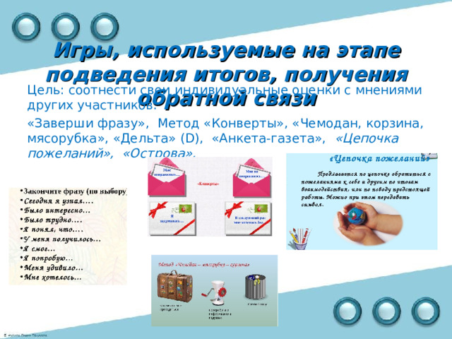 Игры, используемые на этапе подведения итогов, получения обратной связи Цель: соотнести свои индивидуальные оценки с мнениями других участников. «Заверши фразу»,  Метод «Конверты», «Чемодан, корзина, мясорубка», «Дельта» (D),  «Анкета-газета»,   «Цепочка пожеланий»,  «Острова».  