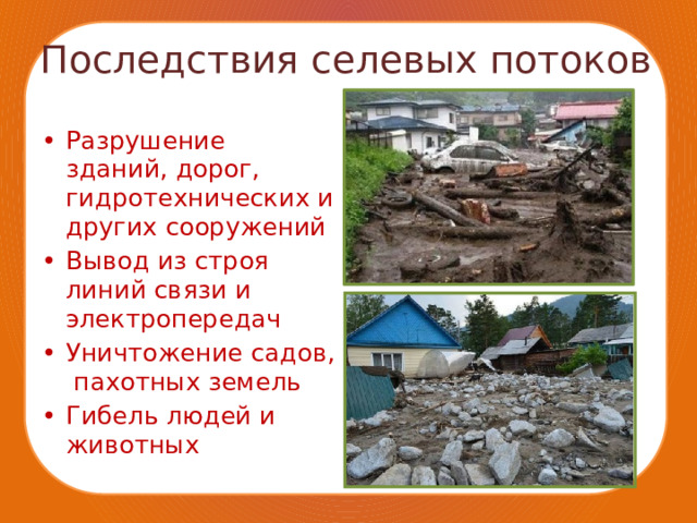 Последствия селевых потоков Разрушение зданий, дорог, гидротехнических и других сооружений Вывод из строя линий связи и электропередач Уничтожение садов, пахотных земель Гибель людей и животных 