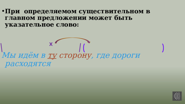 При определяемом существительном в главном предложении может быть указательное слово:   Мы идём в ту сторону , где дороги расходятся  Х 