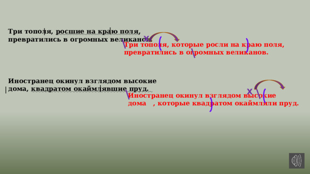 Три тополя, росшие на краю поля , превратились в огромных великанов. Х Три тополя, которые росли на краю поля, превратились в огромных великанов. Иностранец окинул взглядом высокие дома, квадратом окаймлявшие пруд.  Х Иностранец окинул взглядом высокие дома , которые квадратом окаймляли пруд. 