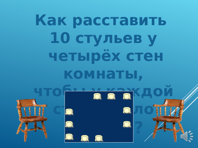 Как расставить 10 стульев у  четырёх стен комнаты,  чтобы у каждой стены было поровну ?  