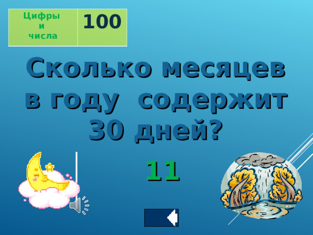 Цифры и числа 100 Сколько месяцев в году содержит 30 дней? 11 
