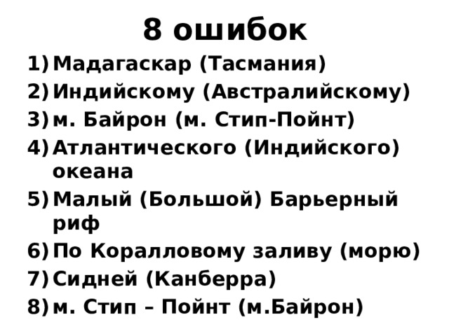 8 ошибок Мадагаскар (Тасмания) Индийскому (Австралийскому) м. Байрон (м. Стип-Пойнт) Атлантического (Индийского) океана Малый (Большой) Барьерный риф По Коралловому заливу (морю) Сидней (Канберра) м. Стип – Пойнт (м.Байрон) 