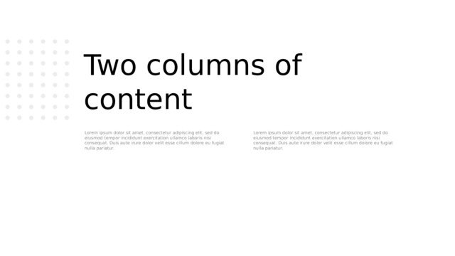 Two columns of content Lorem ipsum dolor sit amet, consectetur adipiscing elit, sed do eiusmod tempor incididunt exercitation ullamco laboris nisi consequat. Duis aute irure dolor velit esse cillum dolore eu fugiat nulla pariatur. Lorem ipsum dolor sit amet, consectetur adipiscing elit, sed do eiusmod tempor incididunt exercitation ullamco laboris nisi consequat. Duis aute irure dolor velit esse cillum dolore eu fugiat nulla pariatur. 