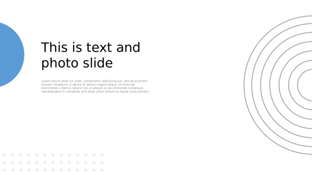 This is text and photo slide Lorem ipsum dolor sit amet, consectetur adipiscing elit, sed do eiusmod tempor incididunt ut labore et dolore magna aliqua. Ut enim ad exercitation ullamco laboris nisi ut aliquip ex ea commodo consequat. reprehenderit in voluptate velit esse cillum dolore eu fugiat nulla pariatur. 