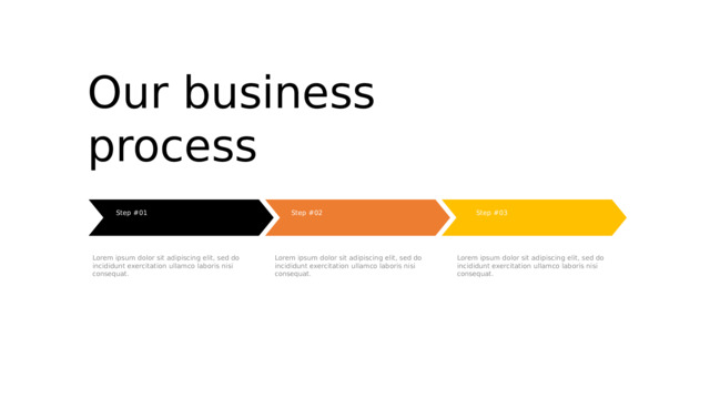 Our business process Step #01 Step #02 Step #03 Lorem ipsum dolor sit adipiscing elit, sed do incididunt exercitation ullamco laboris nisi consequat. Lorem ipsum dolor sit adipiscing elit, sed do incididunt exercitation ullamco laboris nisi consequat. Lorem ipsum dolor sit adipiscing elit, sed do incididunt exercitation ullamco laboris nisi consequat. 