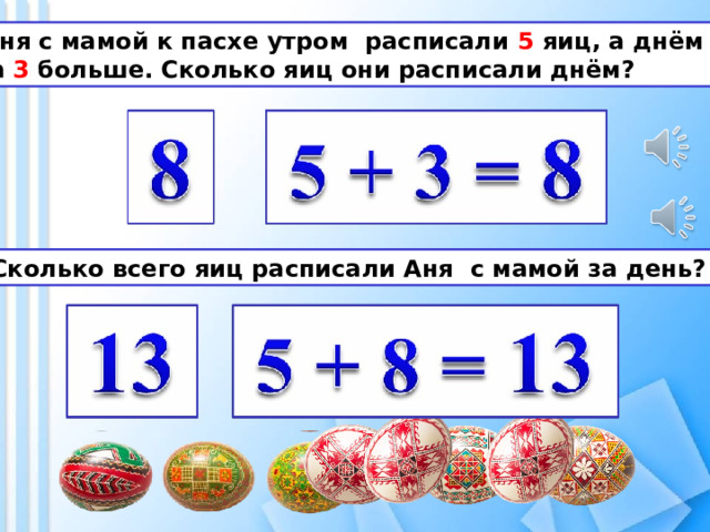  Аня с мамой к пасхе утром расписали 5 яиц, а днём на 3 больше. Сколько яиц они расписали днём? Сколько всего яиц расписали Аня с мамой за день? 