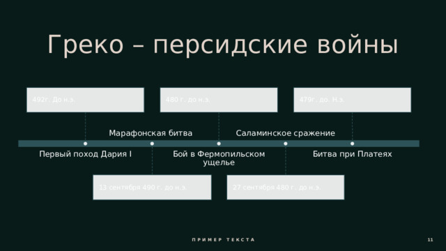 Греко – персидские войны 492г. До н.э. 479г. до. Н.э. 480 г. до н.э. Саламинское сражение Марафонская битва Битва при Платеях Бой в Фермопильском ущелье Первый поход Дария I 13 сентября 490 г. до н.э. 27 сентября 480 г. до н.э. Пример текста 11 11 