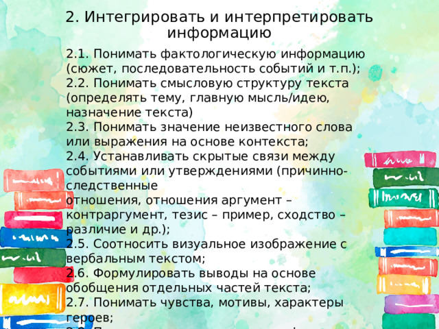 2. Интегрировать и интерпретировать информацию 2.1. Понимать фактологическую информацию (сюжет, последовательность событий и т.п.); 2.2. Понимать смысловую структуру текста (определять тему, главную мысль/идею, назначение текста) 2.3. Понимать значение неизвестного слова или выражения на основе контекста; 2.4. Устанавливать скрытые связи между событиями или утверждениями (причинно-следственные отношения, отношения аргумент – контраргумент, тезис – пример, сходство – различие и др.); 2.5. Соотносить визуальное изображение с вербальным текстом; 2.6. Формулировать выводы на основе обобщения отдельных частей текста; 2.7. Понимать чувства, мотивы, характеры героев; 2.8. Понимать концептуальную информацию (авторскую позицию, коммуникативное намерение); 