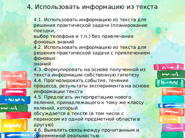 4. Использовать информацию из текста 4.1. Использовать информацию из текста для решения практической задачи (планирование поездки, выбор телефона и т.п.) без привлечения фоновых знаний 4.2. Использовать информацию из текста для решения практической задачи с привлечением фоновых знаний 4.3. Формулировать на основе полученной из текста информации собственную гипотезу 4.4. Прогнозировать события, течение процесса, результаты эксперимента на основе информации текста 4.5. Предлагать интерпретацию нового явления, принадлежащего к тому же классу явлений, который обсуждается в тексте (в том числе с переносом из одной предметной области в другую) 4.6. Выявлять связь между прочитанным и современной реальностью 