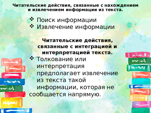 Читательские действия, связанные с нахождением и извлечением информации из текста. Поиск информации Извлечение информации Читательские действия, связанные с интеграцией и интерпретацией текста. Толкование или интерпретация предполагает извлечение из текста такой информации, которая не сообщается напрямую. 