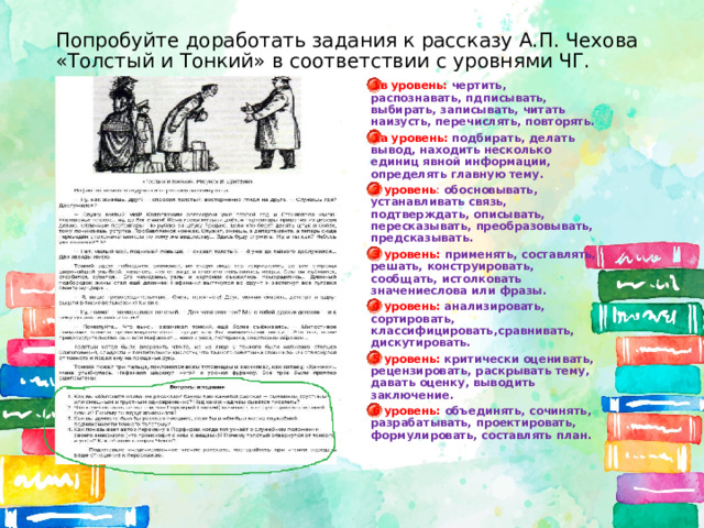Попробуйте доработать задания к рассказу А.П. Чехова «Толстый и Тонкий» в соответствии с уровнями ЧГ. 1в уровень:  чертить, распознавать, пдписывать, выбирать, записывать, читать наизусть, перечислять, повторять. 1а уровень: подбирать, делать вывод, находить несколько единиц явной информации, определять главную тему. 2 уровень :  обосновывать, устанавливать связь, подтверждать, описывать, пересказывать, преобразовывать, предсказывать. 3 уровень: применять, составлять, решать, конструировать, сообщать, истолковать значениеслова или фразы. 4 уровень:  анализировать, сортировать, классифицировать,сравнивать, дискутировать. 5 уровень:  критически оценивать, рецензировать, раскрывать тему, давать оценку, выводить заключение. 6 уровень: объединять, сочинять, разрабатывать, проектировать, формулировать, составлять план.  