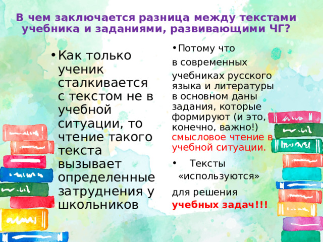 В чем заключается разница между текстами учебника и заданиями, развивающими ЧГ? Потому что в современных учебниках русского языка и литературы в основном даны задания, которые формируют (и это, конечно, важно!) смысловое чтение в учебной ситуации.   Тексты «используются» для решения учебных задач!!! Как только ученик сталкивается с текстом не в учебной ситуации, то чтение такого текста вызывает определенные затруднения у школьников 